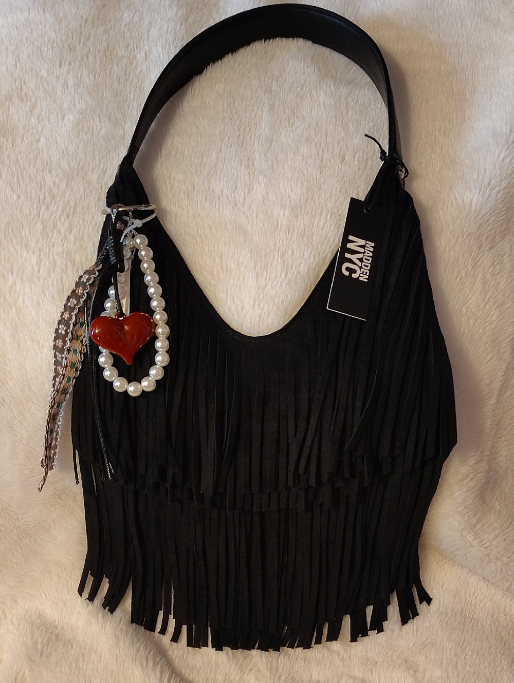 Black Fringe Hobo Bag with Charm